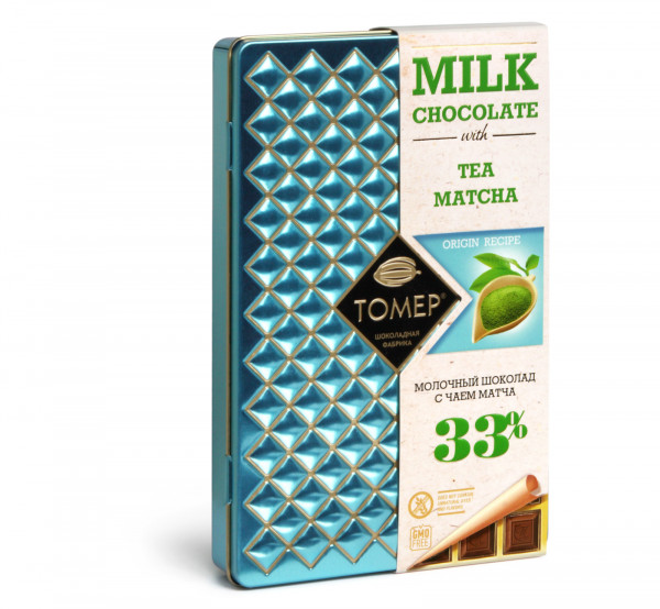 №1 Фабрика Томер металлический бокс Молочный шоколад с чаем МАТЧА ,33%  90г в Кунгуре